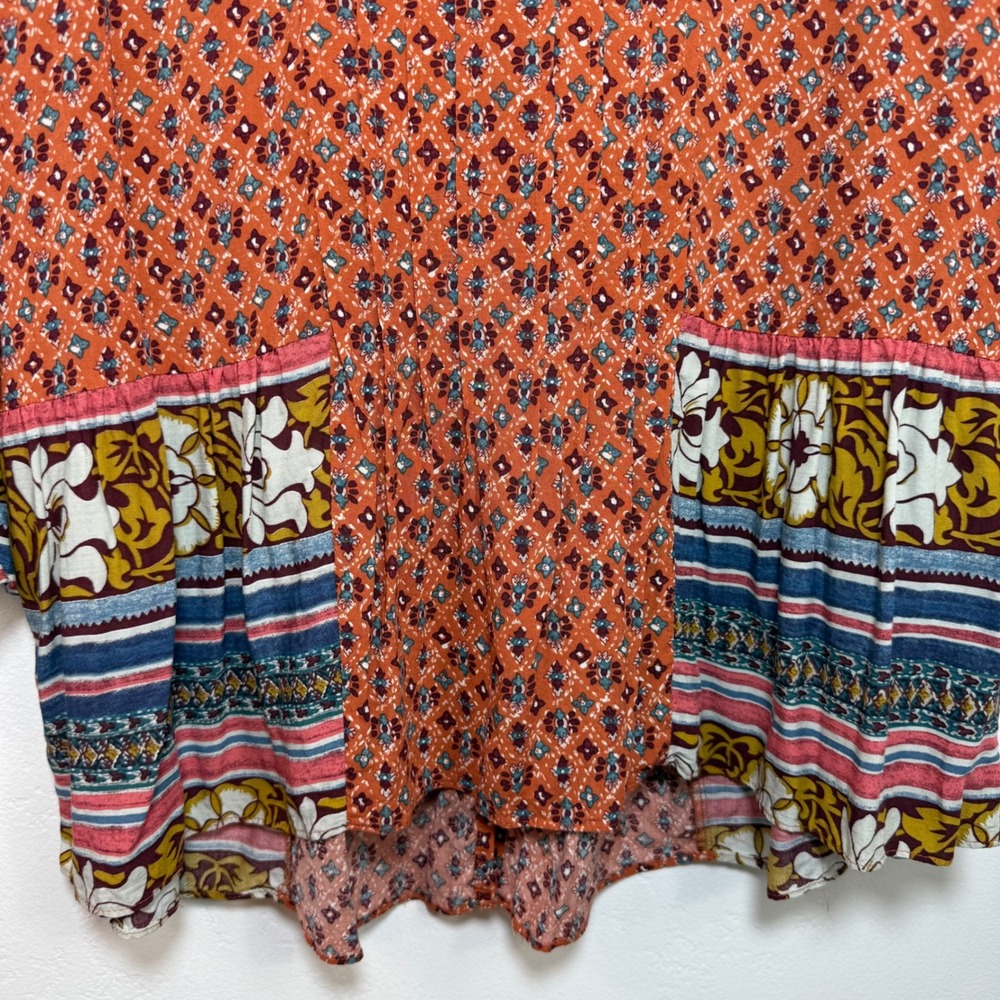 Maeve Anthropologie Mixed Print Blouse Sz 4 Orange Lace Bib Boho Ruffle Peasant - Picture 10 of 14